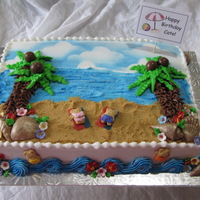 Kid's Beach Cake A fun and playful beach themed cake for a little girl. Buttercream palm trees, candy coconuts, fondant and RI flowers, chocolate shells...