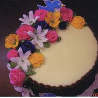 Birthday Cake I used almost every kind of icing you could on this cake, buttercream icing, buttercream fondant, royal icing flowers, and colorflow birds...