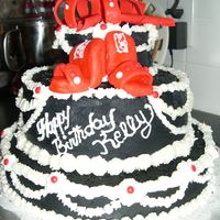 Lady 40Th Birthday This black, white and red cake was done with buttercreme and the shows ad bow are fondant. It was my first tiered cake and was a big hit at...