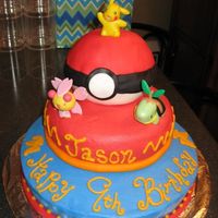 Pokemon Layered Birthday Cake Layered cake iced with buttercream. Fondant was used to cover the Pokie ball and use to decorate the base of the cakes. The characters are...