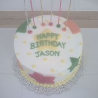 Birthday Cake WASC cake filled with white chocolate pudding. Found the design in a Wilton beginner's book.