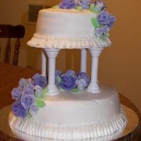 Wilton Course 3 - Final Cake Cake covered in BC with fondant roses, fondant leaves, and BC ruffle.