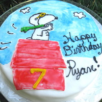 Snoopy Flying Ace fondant covered with painting w/food dye & fondant house covered in red piping gel.