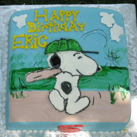Snoopy At Bat MMF covered cake w/ buttercream piped Snoopy. Fondant clouds, bat, and baseball field. I also used the Wilton Food Writer markers for the...
