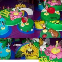 Pixie Hollow Cake for my niece's 4th birthday. She's a Tinkerbell fanatic. 4 6inch rounds with a 10 inch round on top. Chocolate and Funfetti...