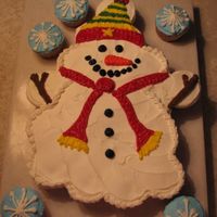 Snowman Used 24 cupcakes to make this snowman cake. Used a design I had seen on-line, but changed it a little from the orginal. All buttercream...