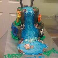 Jungle Safari Cake 2 tiered cake iced in textured buttercream with fondant details, then airbrushed. Idea for the waterfall came from several other CC'...