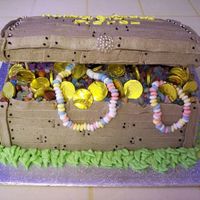 Pirates Treasure Chest Chocolate cake with butter cream icing. The gems are sugar rock candy, chocolate rocks, bubblegum and candy necklaces.