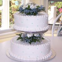 Polka Dots The bride wanted a blue polka dot cake and this is what I came up with. The flowers were blue carnations with baby's breath.