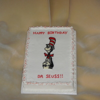 Happy Birthday Dr Suess White 1/4 sheet cake with Dr Suess choc transfer, made for daughters preschool celebration of Dr Suess's B-day