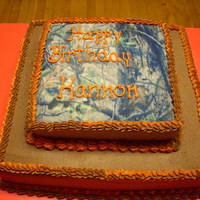 Camo Cake Real tree camo printed by our local grocery store b/c I can't do that!! Chocolate two tier cake!