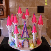 Princess Castle Made it for the twins birthday, made with yellow cake and chocolate pudding, covered in whip cream frosting. Sugared the cones, outlined...