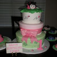 Ladybug First Birthday WASC tapered tiers iced in buttercream with fondant accents.