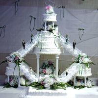 Double Staircase Cake Here is another creation by my sister and I. This one is one of the bigger cakes that we have had to do.....The flowers were all made by us...