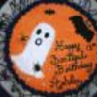 Ashley's Halloween-Birthday Cake THIS WAS MY DAUGHTER ASHLEY'S 13TH BIRTHDAY CAKE WHICH WAS ALSO A HALLOWEEN PARTY CAKE.. BUTTERCREAM WITH FREEHANDED GHOST, BAT, AND...