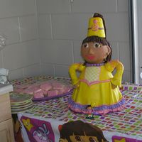 Princess Dora Birthday Cake For my daughters 2nd Bday. Princess Dora. Took hours!!!!. Arms and head are styrofoam covered with MMF. Everything else is cake. Hair is...