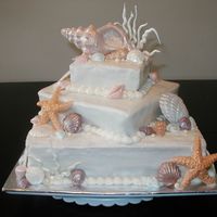 Seashell Birthday Cake Birthday cake for a friend who loves the beach. White cake with BC icing. Shells are chocolate painted with luster dust.