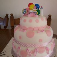 It's A Girl Chocolate cake with strawberries inbetween the layers. Fondant cover. Fondant pink polka dots. The mother to be did not want to cut into it...