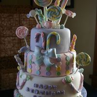 Grandma's 92Nd Birthday 3-Tier, 10", 8" and 6" WASC with Toba Garrett's Chocolate Buttercream. Cakes covered in fondant. Candies made from...