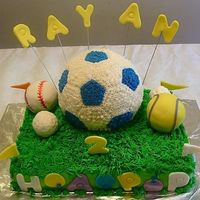 Sports Field I did this for 2 yrs old boy who loves different kind of sports balls. Sheet cake is B/C, soccer ball made with wilton ball pan, tennis,...