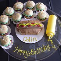 Hotdog & Hamburger Cupcakes Thanks to all of the beautiful hamburger and hotdaog cakes in the galleries for the inspiration to try my own. My son loved them!