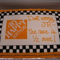 Home Depot Racing Over The Hill A 40th birthday cake - the guy loved Tony Stewart Racing, so I took the Home Depot logo and redid to word the Happy B-day greeting.