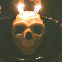 Skull Cake Made With Red Velvet...so Fun! This is a halloween/birthday cake I made. I wish the picture was better, but it was red velvet cake, carved and pieced together from a bake...