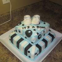 Baby Shower Brown And Blue Baby shower cake for a friend! Bottom layer is strawberry cake and top is chocolate. Covered with bc and mf accents