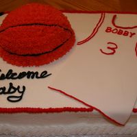 Bobby Iii Sports Themed Baby Shower Cake Butter cake with Indy Debi's icing. Fondant basketball jersey. For Bobby III sports themed baby shower.