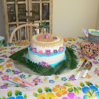 Teagan's Luau Birthday Cake Luau themed birthday cake with fondant flowers and beachball, decorated with buttercream. Graham crackers for sand, purchased palm tree.