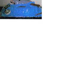 Nautical The ocean and shark are cake. The ocean is butter cream icing and the shark is covered in fondant.