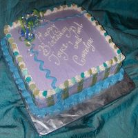 Happy Birthday yellow cake w/Peach glaze, torted & filled w/peaches and custard.Fondant accents.Thanks for looking.