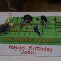 Okc Marathon Cake This cake was made for a runner in the OKC Memorial Marathon. It's the route of the run with gumpaste markers for the first aid, water...