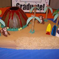 Island Volcano/island cake for a luau themed graduation. Gumpaste monkeys, palm trees, and surf boards. Volcano was made using the Wonder mold pan...