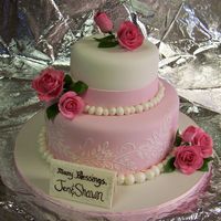 Pink Rose Bridal Shower This bridal shower cake is covered with fondant. We made the roses and "place card" out of gumpaste. I made this cake with my...