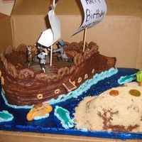 Carved Pirate Ship Marble cake with choc BC frosting. I used tootsie rolls to make the tree and the "shark bait".