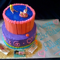Polly Pocket Cake All covered in buttercream and the pool on top is outlined with strawberry sugar wafers,