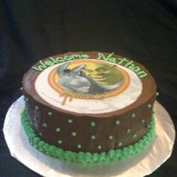 Shrek Edible image of Shrek covered in chocolate fudge icing.