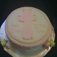 Baptism Cake 10" rounds covered in fondant with fondant accents. The flowers are gumpaste. Thank you for all the CC users for this inspiration!