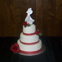 Red And White Wedding 12/9/6 wasc with buttercream and diamond pattern with fondant pearls