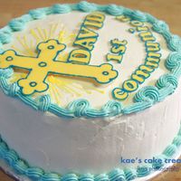 Communion for my God son first communion. it's whipped cream over chocolate cake. TFL. :)