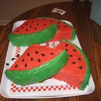 Watermelon 2Nd View water melon 2nd view, there is another pic of the whole thing. 14 inch plain vanilla cake cut into quarters and iced in buttercream !!!!