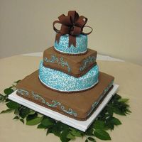 Teal And Chocolate Wedding Chocolate cake with alternating fillings (cream cheese in the chocolate bc squares and choc bavarian in the white bc rounds). Brown fondant...