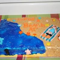 My Mom's 60Th Birthday This is a yellow cake with white buttercream icing. The blue water is just piping gel tinted blue and the beach is made of crushed graham...