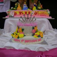 Princess Cake An 10x2 and 6x2 round pan, chocolate cake, marsmallow fondant and royal icing flowers. This is for my niece first birthday.
