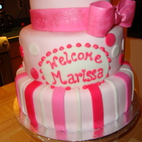 Baby Pink This was a fun cake to make. All fondant in different shades of pink with a bow. Sizes are 10" 8" 6" Thanks for looking :)