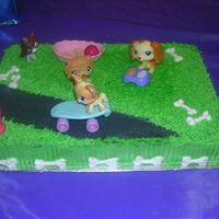 Littlest Pet Shop Birthday Birthday cake for a friend's daughter. Vanilla cake with buttercream icing grass, sidewalk and dog bones.