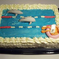 Swimming Birthday cake for a girl who likes swimming. She wanted both dolfins and Garfield to the cake (..had some trouble getting them together...