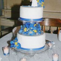 Blue Iris My first wedding cake, made for my best friend on Feb. 19, 2007. Cake topper is made by Wilton, blue iris arrangements are mixed with...