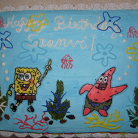 Spongebob Cake Spongebob and Patrick cake. Marble cake with whipped cream frosting and characters are FBT.